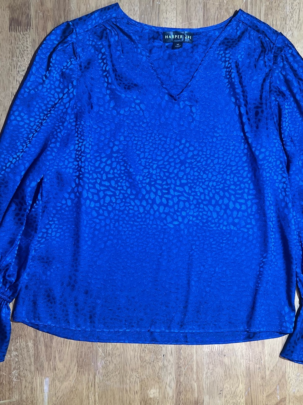 Harper 241 Royal Blue V-Neck Satin Animal Jacquard Blouse